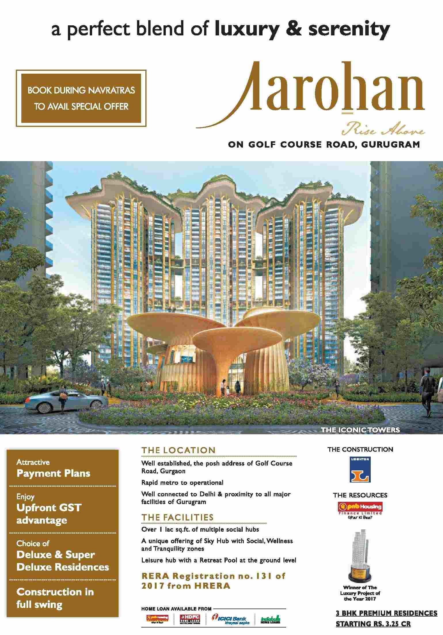 Enjoy the perfect blend of luxury & serenity at Vipul Aarohan on Golf Course Road, Gurgaon Update
